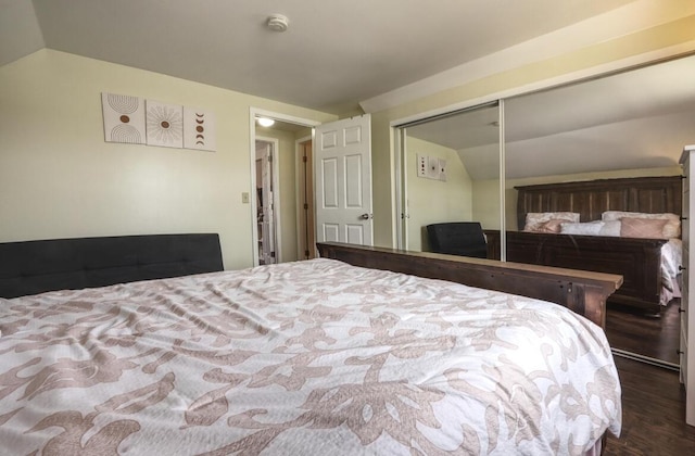 bedroom featuring a closet, vaulted ceiling, and wood finished floors