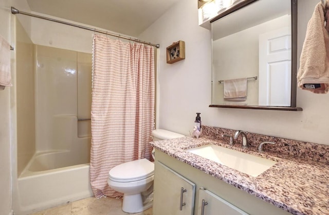 bathroom featuring toilet, shower / tub combo, and vanity