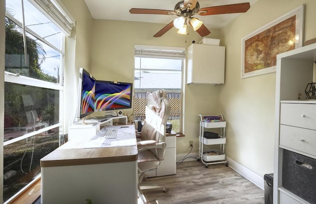 home office featuring ceiling fan, light wood finished floors, and baseboards