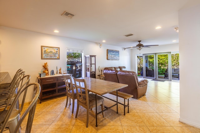 dining space with light tile patterned flooring, recessed lighting, and ceiling fan