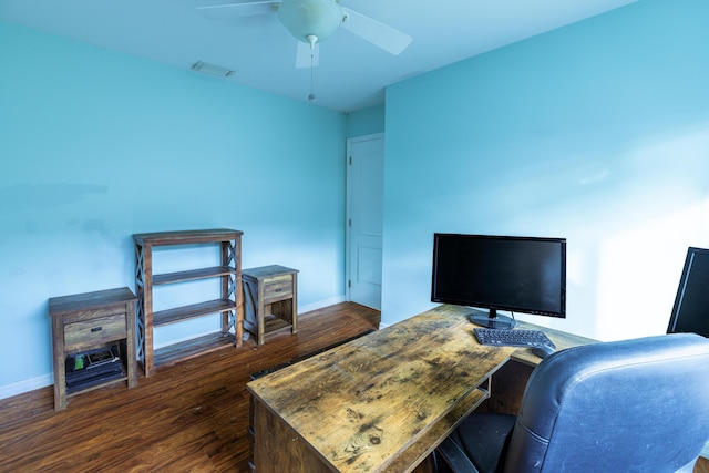 office space featuring ceiling fan and dark hardwood / wood-style floors