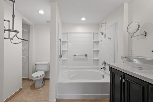 full bathroom featuring shower / bath combination, vanity, tile patterned floors, and toilet