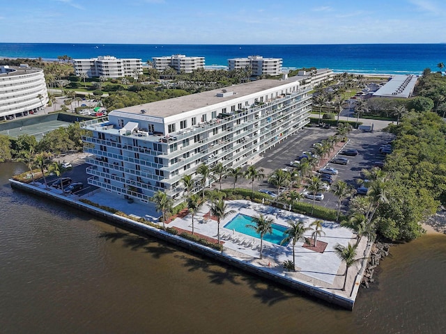 drone / aerial view with a water view