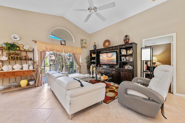 living room with ceiling fan and lofted ceiling