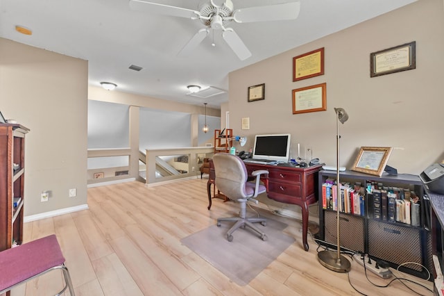 office area featuring ceiling fan and light wood-type flooring