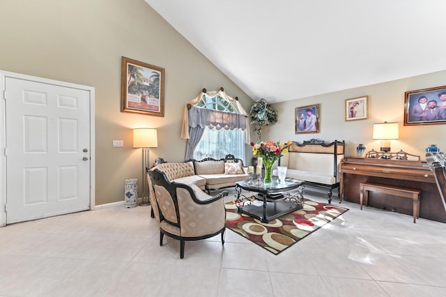 tiled living room with lofted ceiling