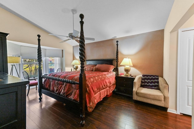 bedroom with ceiling fan, access to exterior, dark hardwood / wood-style floors, and lofted ceiling