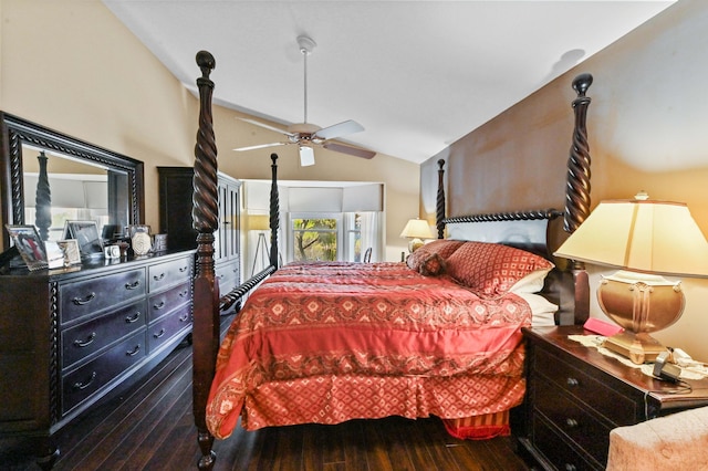 bedroom with ceiling fan, vaulted ceiling, and dark hardwood / wood-style flooring