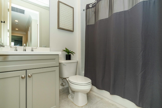 bathroom with toilet, a shower with shower curtain, tile patterned flooring, and vanity