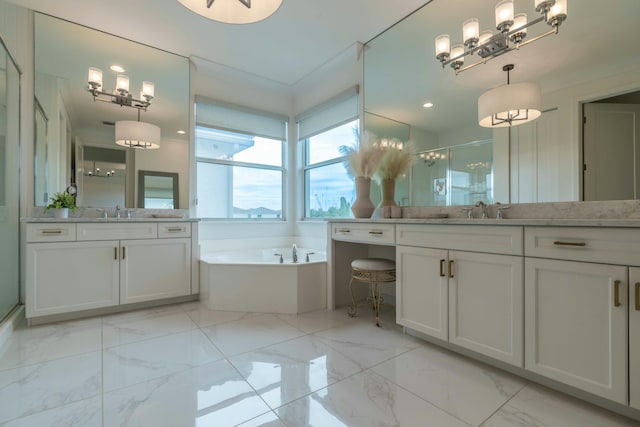 bathroom featuring separate shower and tub and vanity