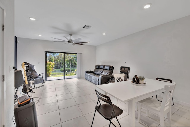 dining area with ceiling fan and light tile patterned floors