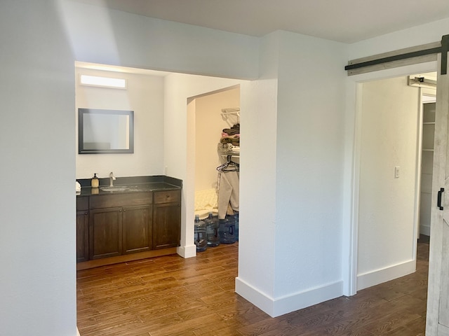 hall featuring a barn door, dark hardwood / wood-style flooring, and sink