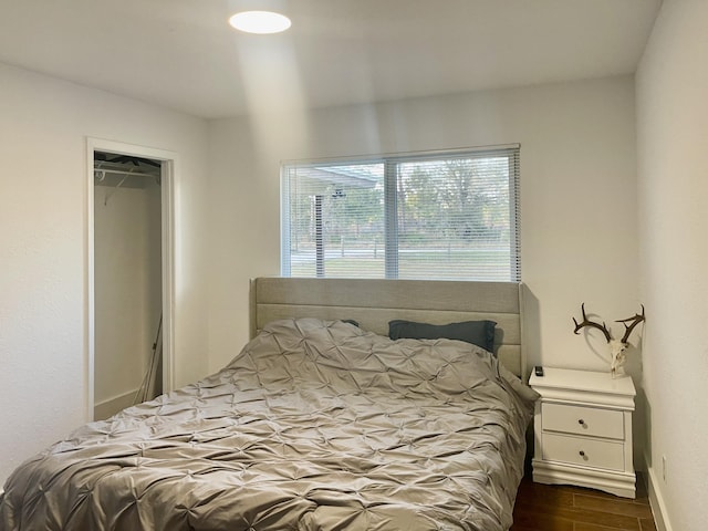 bedroom featuring dark wood-type flooring and a closet