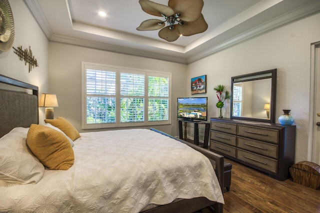 bedroom with ceiling fan, a tray ceiling, and dark hardwood / wood-style floors