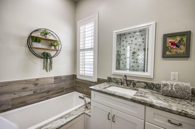 bathroom with a washtub and vanity