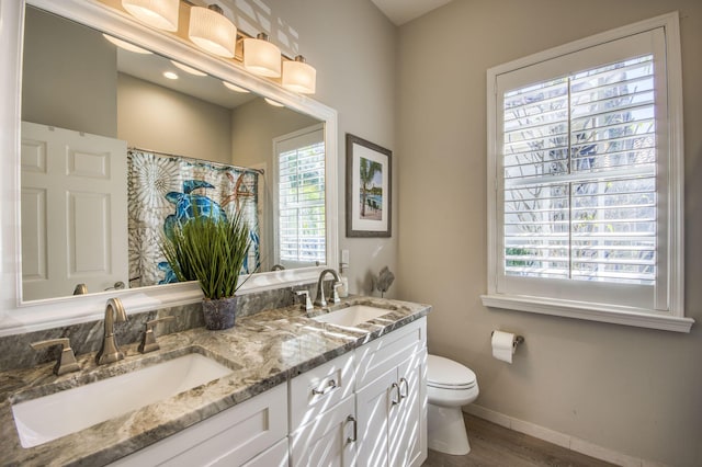 bathroom with toilet, vanity, and a shower with curtain