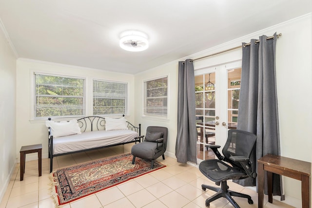 bedroom featuring light tile patterned flooring and ornamental molding