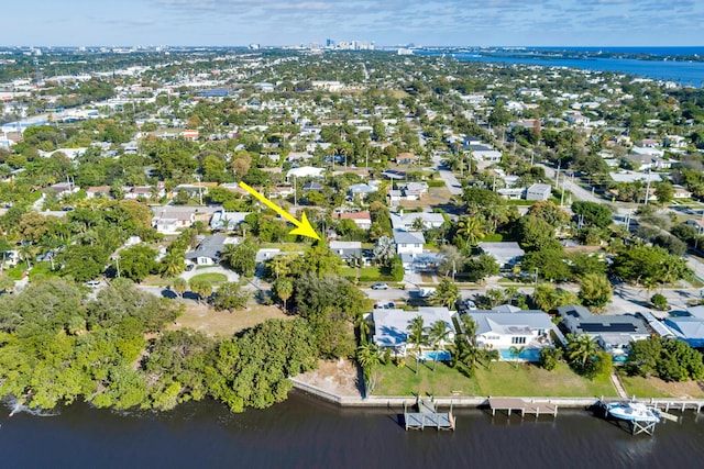 drone / aerial view featuring a water view