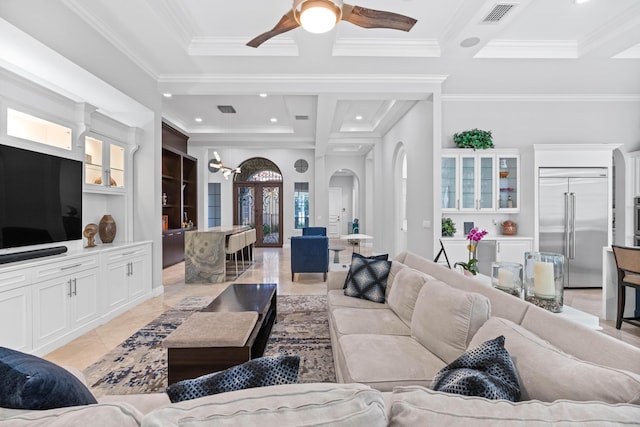 tiled living room featuring crown molding, french doors, beamed ceiling, and coffered ceiling