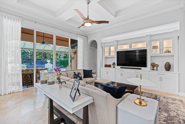 living room with beam ceiling, crown molding, and coffered ceiling