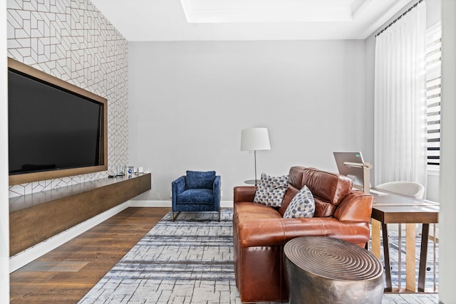 living room featuring a raised ceiling and dark hardwood / wood-style flooring