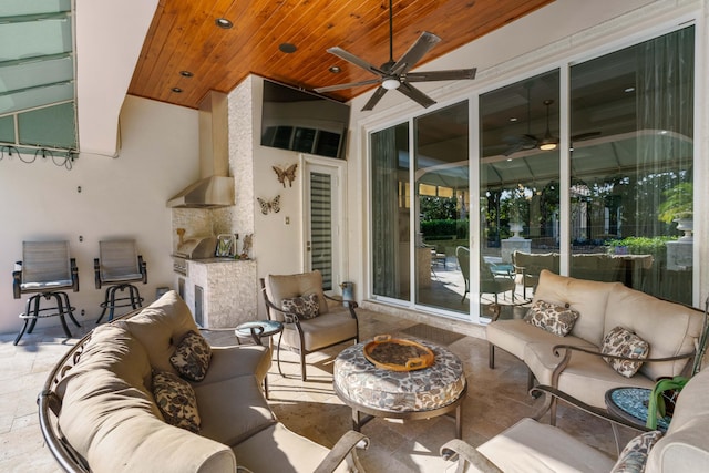 view of patio / terrace featuring ceiling fan, area for grilling, and an outdoor hangout area