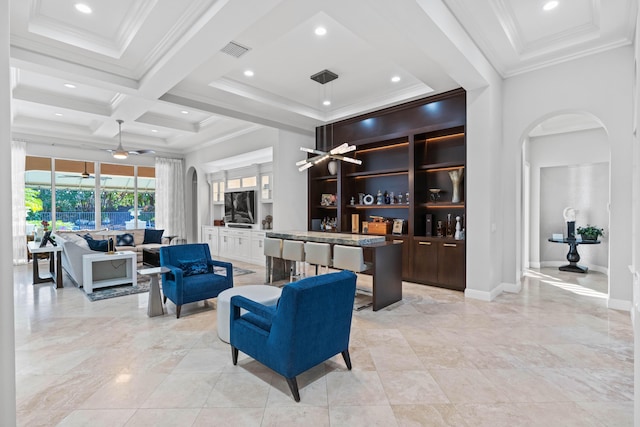 living room with a towering ceiling, coffered ceiling, ceiling fan, crown molding, and beamed ceiling