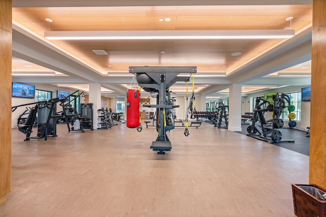 gym featuring wooden ceiling