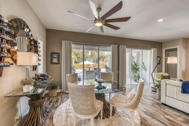 dining room featuring a wealth of natural light, ceiling fan, light hardwood / wood-style floors, and a textured ceiling