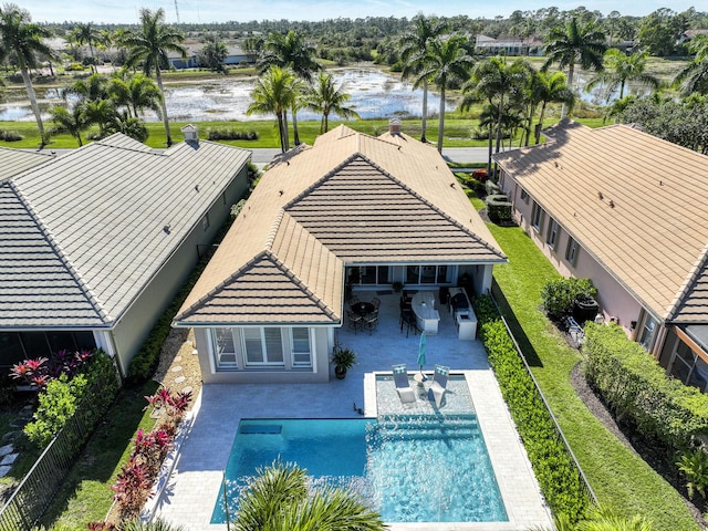 drone / aerial view featuring a water view