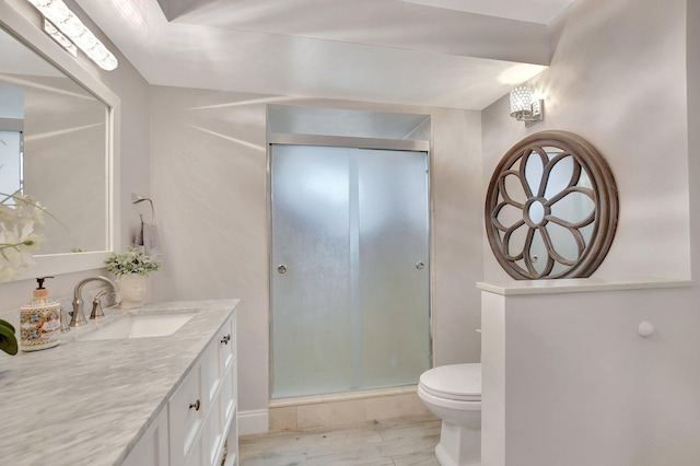 bathroom featuring vanity, toilet, and a shower with shower door