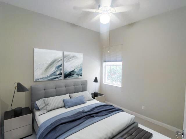 bedroom featuring carpet flooring and ceiling fan