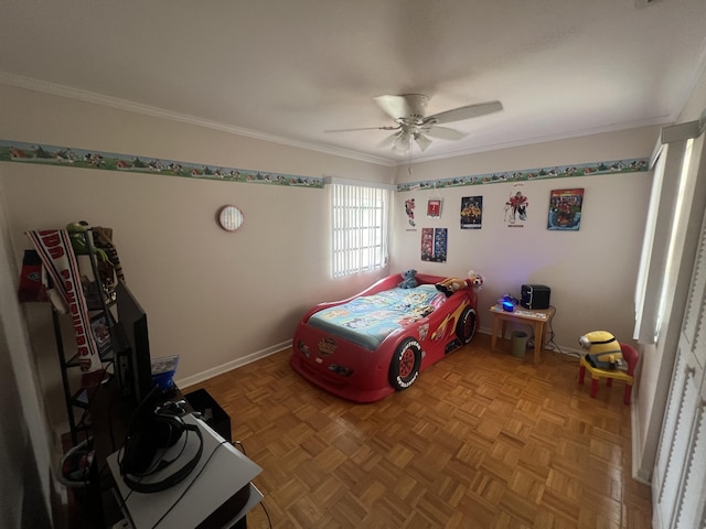 bedroom with ceiling fan, crown molding, and light parquet floors