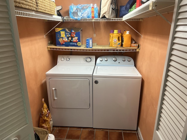 laundry room with separate washer and dryer and dark tile patterned floors