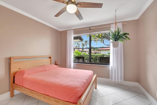 tiled bedroom featuring ceiling fan and ornamental molding