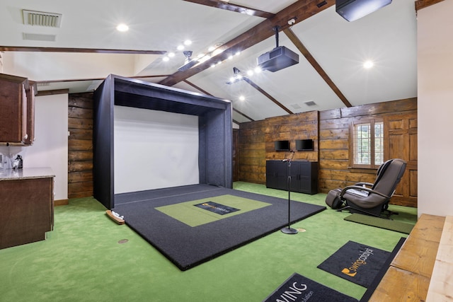 game room featuring light colored carpet, wood walls, golf simulator, and lofted ceiling with beams