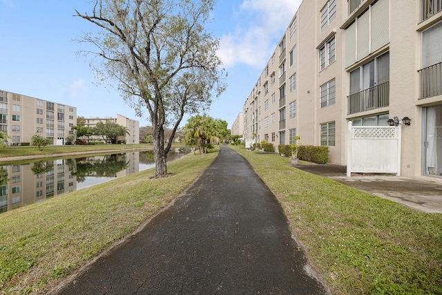 view of street with a water view