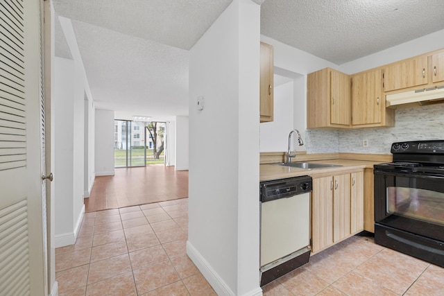 kitchen with dishwasher, sink, black / electric stove, extractor fan, and light tile patterned flooring