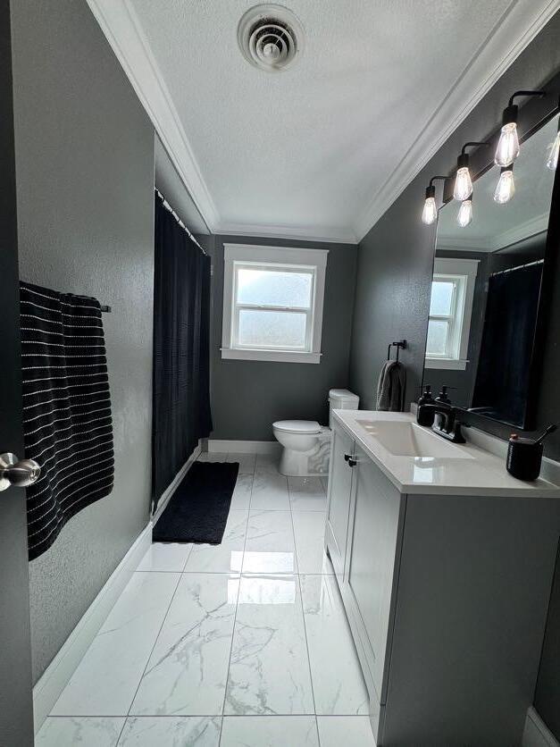 bathroom with ornamental molding, toilet, a textured ceiling, and vanity