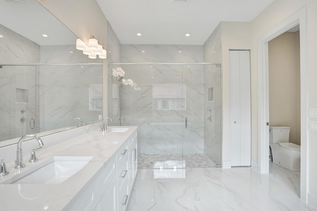 bathroom featuring toilet, vanity, and an enclosed shower