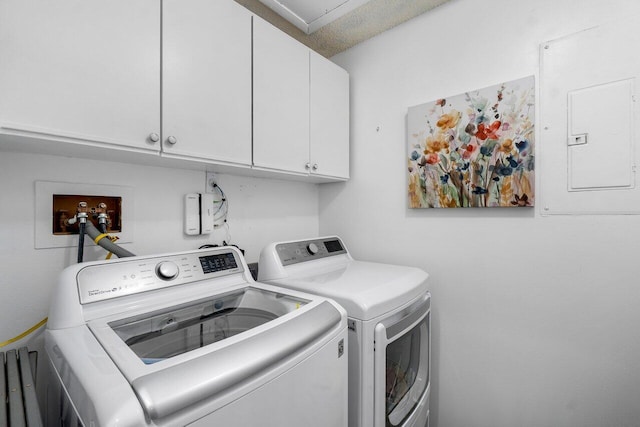 laundry room featuring cabinets, electric panel, and washing machine and dryer