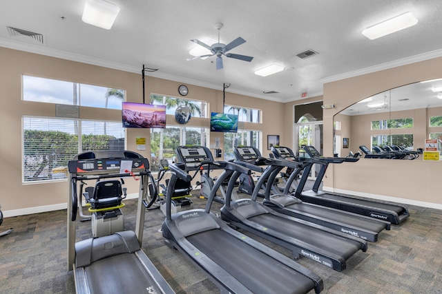 gym with ceiling fan, ornamental molding, and a wealth of natural light