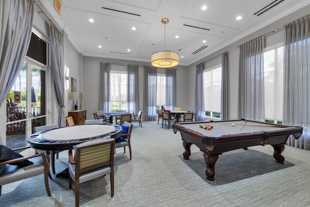 playroom with light carpet, ornamental molding, a healthy amount of sunlight, and pool table