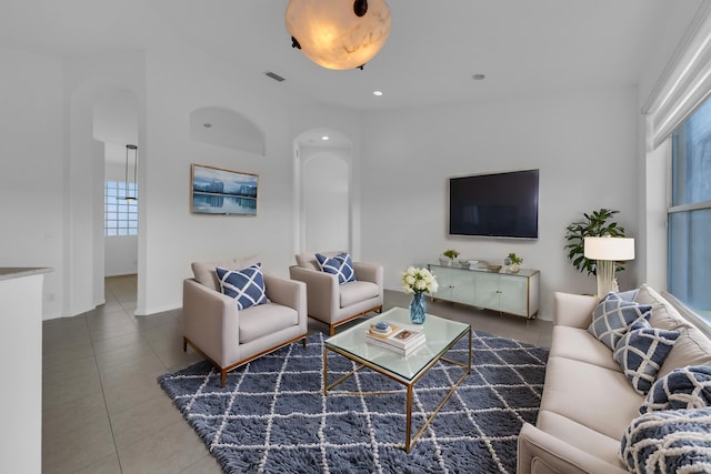 living room featuring tile patterned flooring