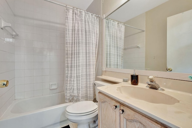 full bathroom with shower / bath combination with curtain, toilet, and vanity