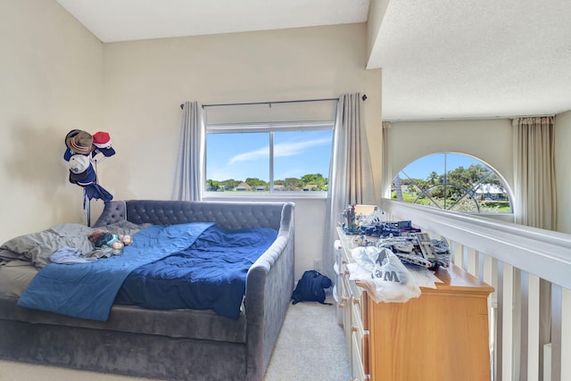 bedroom with multiple windows, light colored carpet, and a textured ceiling