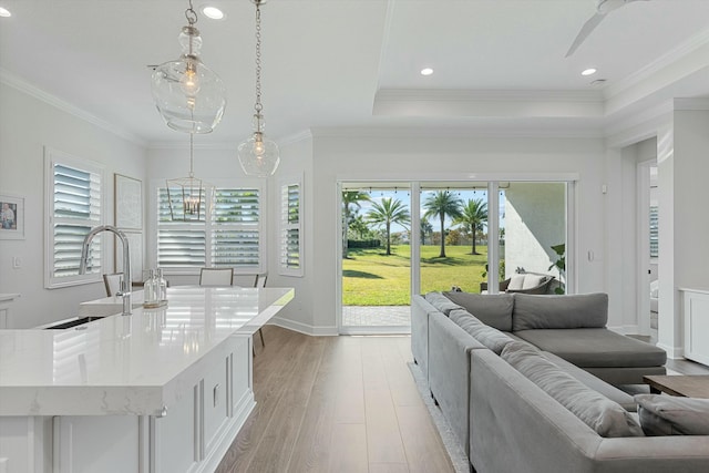 living room with sink, light wood-type flooring, ornamental molding, and a raised ceiling