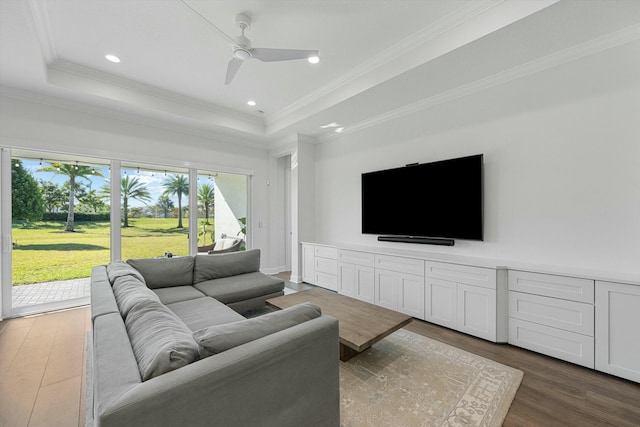 living room featuring ceiling fan, dark wood-type flooring, a raised ceiling, and crown molding