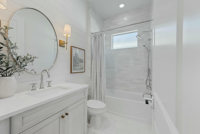 full bathroom with vanity, tile patterned flooring, shower / bath combo with shower curtain, and toilet