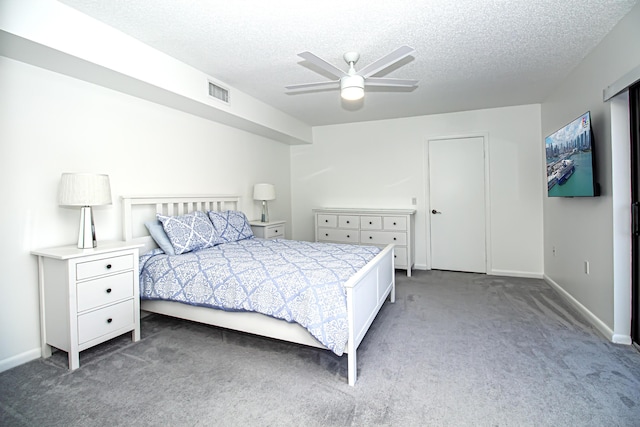 bedroom featuring ceiling fan, a textured ceiling, and dark colored carpet